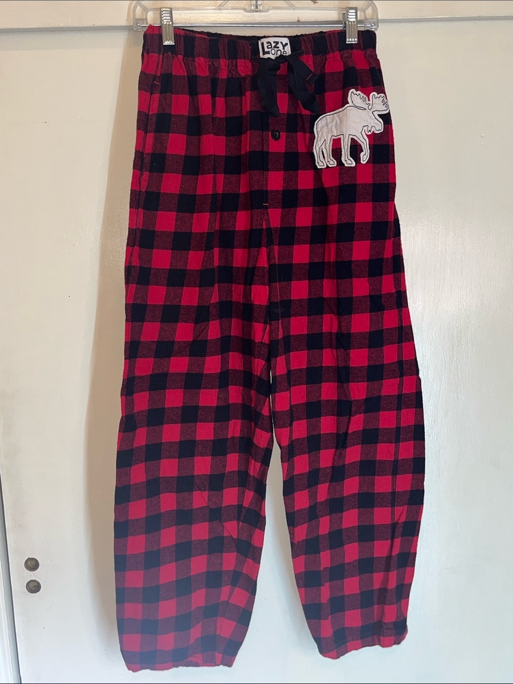 Lazy One Unisex Flannel Red Black Plaid Moose Pajama Pants size medium